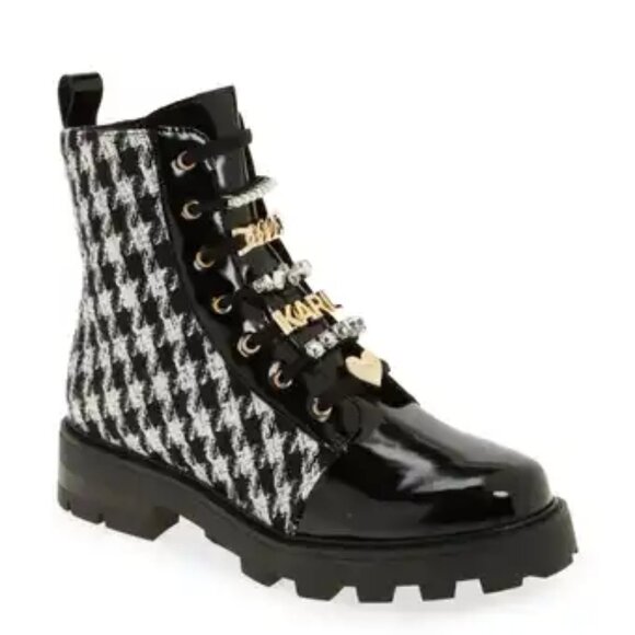 NIB$275 Karl Lagerfeld Paris Mela Tweed Embellished Logo Hardware Combat Boot 7 - Picture 1 of 16